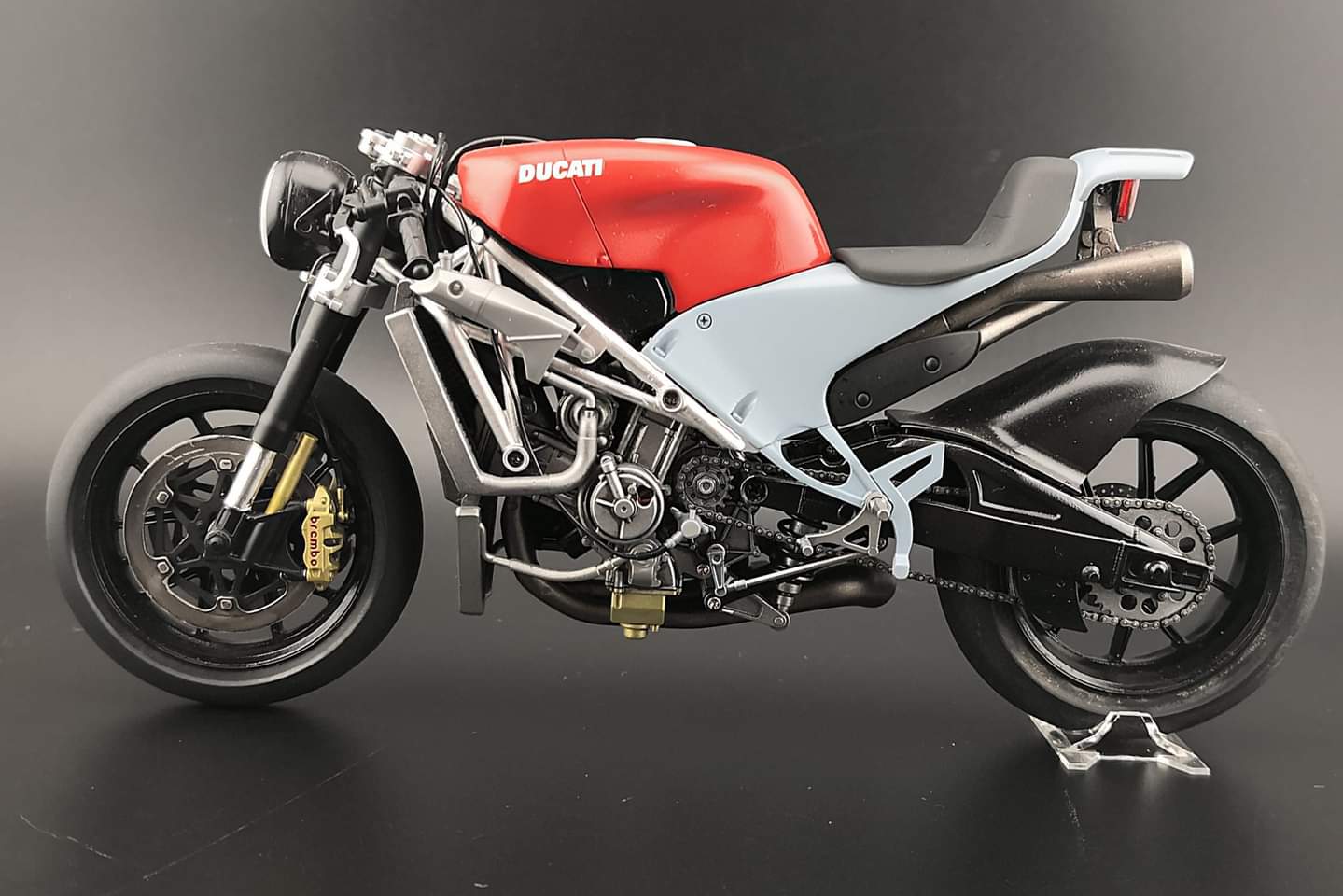 Ducati Monster cafe racer side profile showing red tank and trellis frame