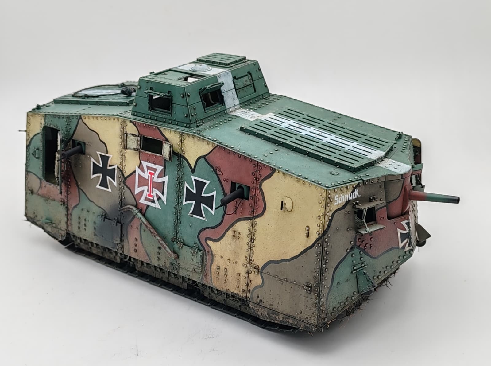A7V Schnuck side view showing Iron Cross markings and camouflage